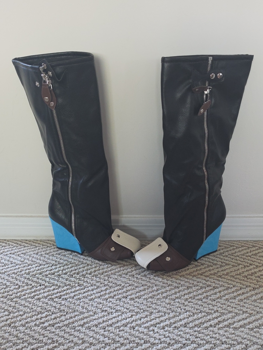 Women’s Colorblock Black Knee-High Boots with Blue Wedge Heel, White & Brown Toe
